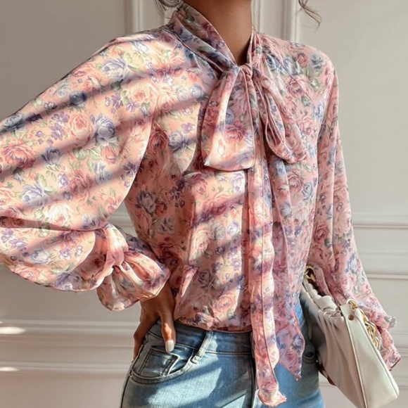 Bohemian Blush Pink Floral Neck Tie Ruffle Top Cottagecore - Picture 8 of 8